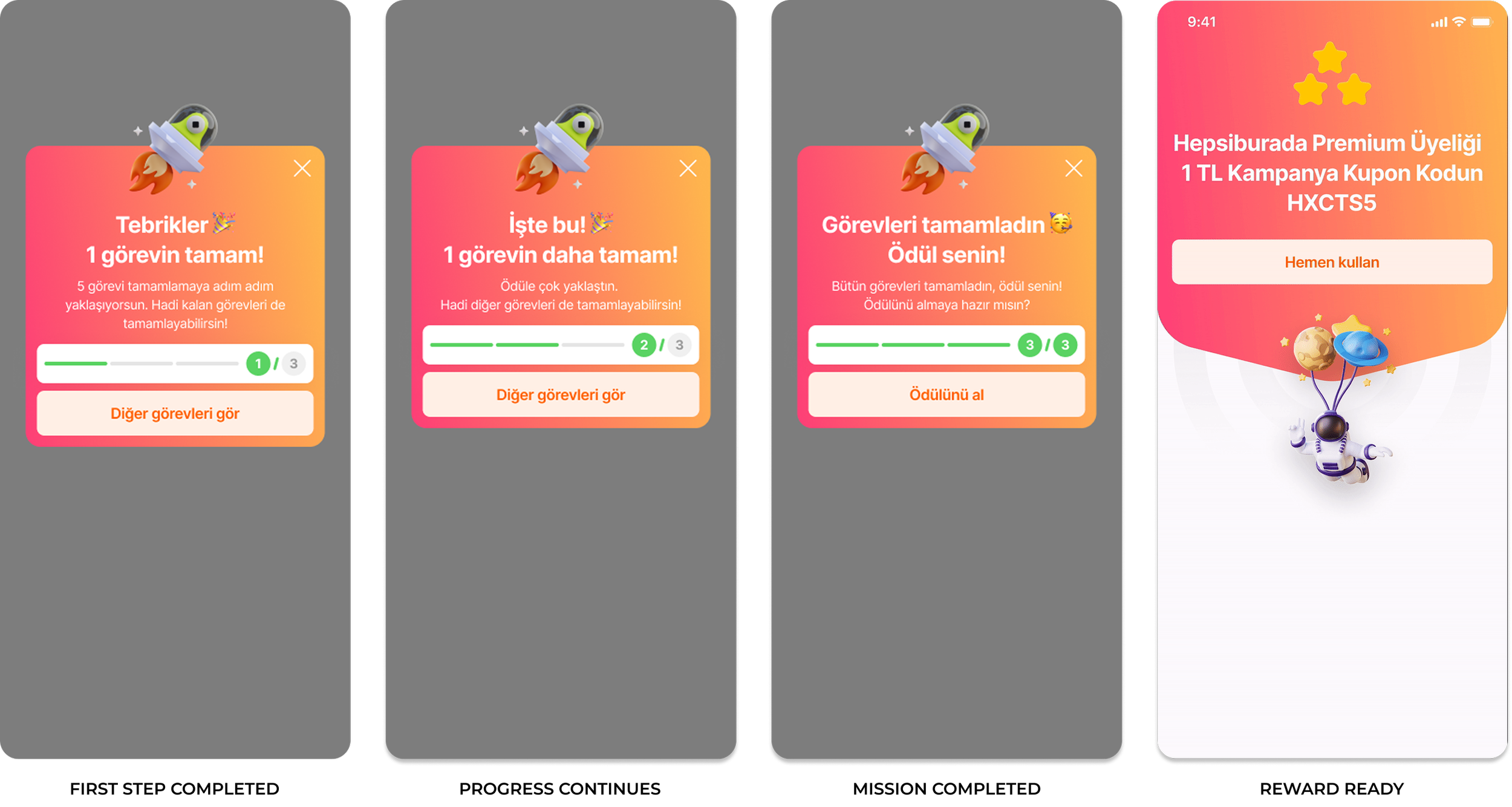 Screenshots of a mobile app showing a space-themed task completion progress system, with colorful backgrounds, progress bars, and space-themed icons like rockets and planets.