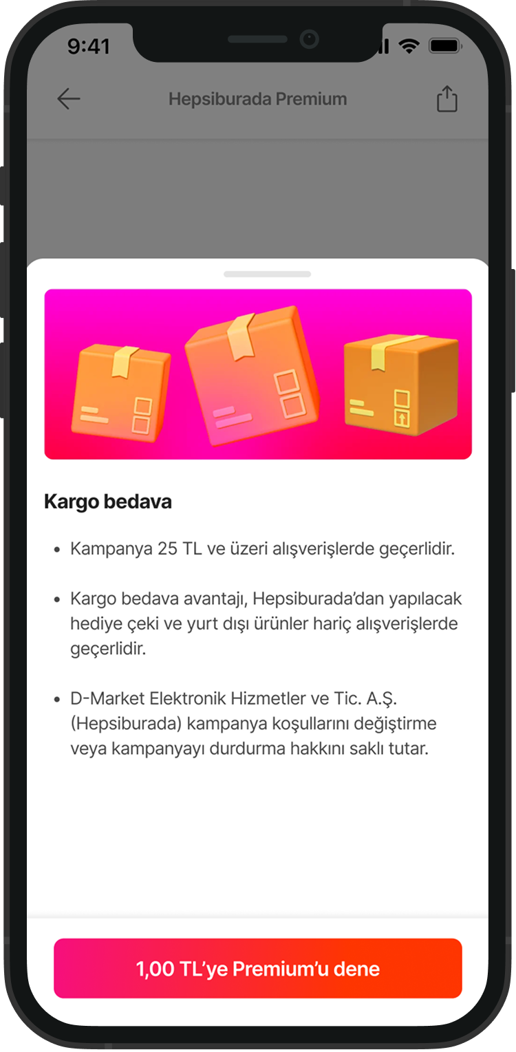 Mobile screen displaying a promotion for free shipping on purchases over 25 TL, with a pink and yellow background image of three packages and a red and pink button at the bottom.