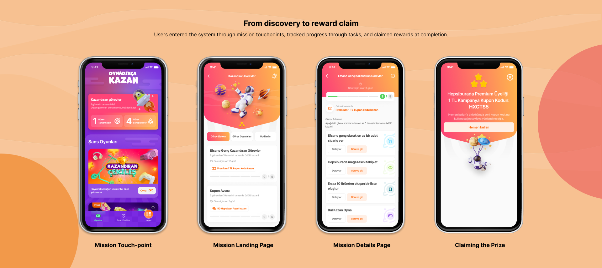 Screenshot of a mobile app showing a mission-based game interface. The app has four screens displayed: the first is the mission touch-point screen with mission progress; the second is the mission landing page showing tasks and rewards; the third is the mission details page with task instructions; and the fourth is the prize claim screen with a coupon code.