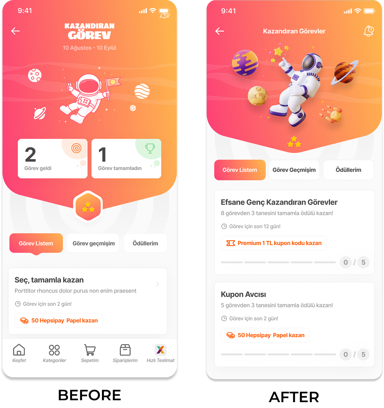 Mobile app screens displaying a space-themed task or game interface with a cartoon astronaut, planets, and stars. The interface includes task progress, reward options, and mission lists.