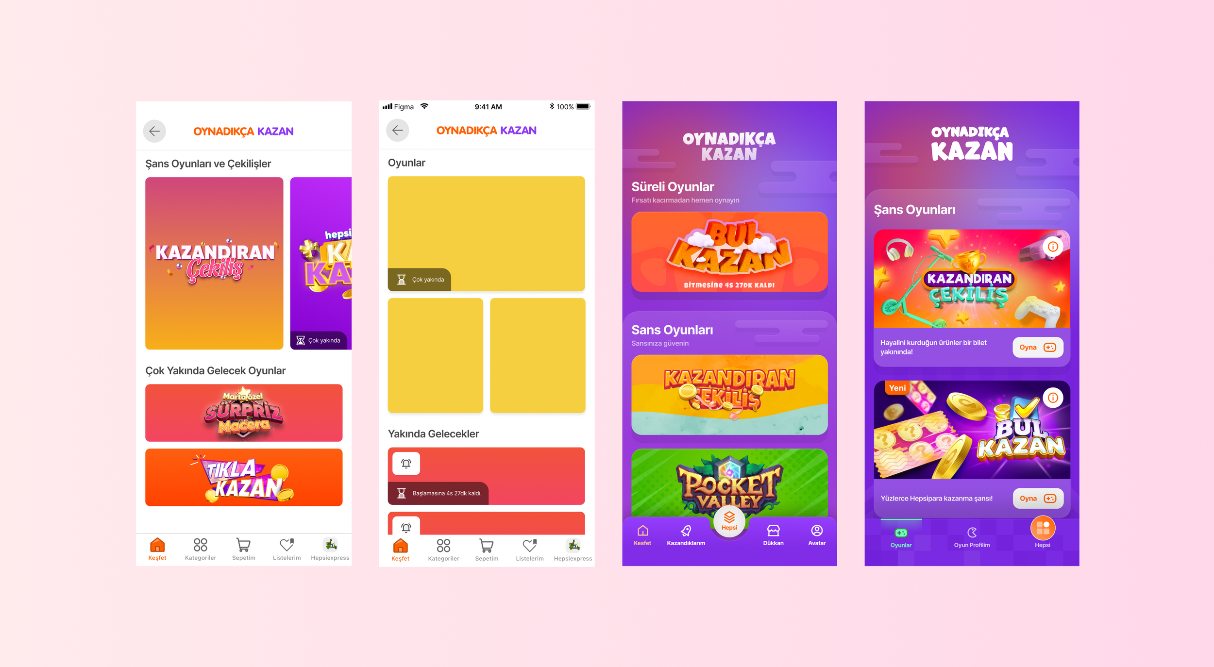 Screenshots of a mobile app interface in Turkish with colorful graphics promoting games and promotions, featuring titles like "Kazandıran Çekiliş," "Bul Kazan," and "Kazandiran Çekiliş."