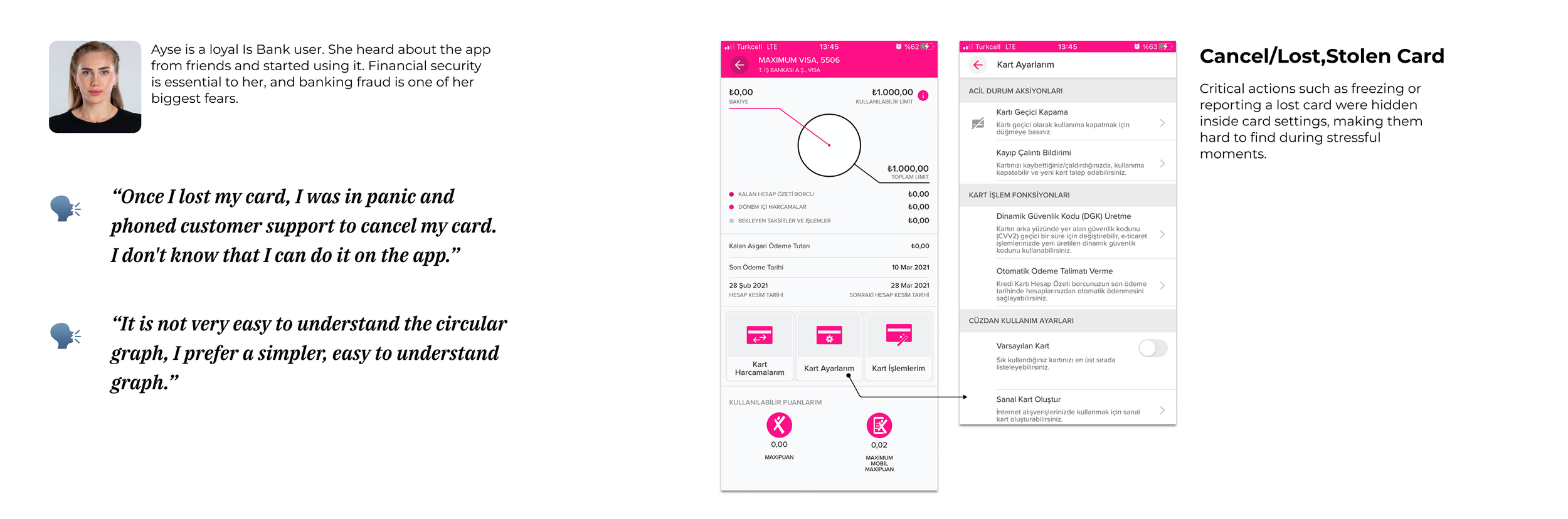 A digital banking app interface showing account details, a circular graph, and options for card management and security settings.
