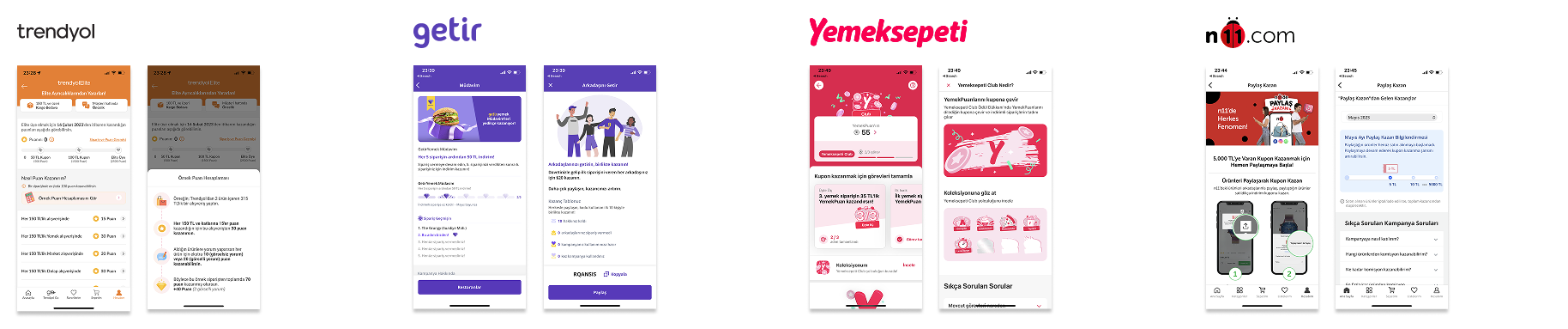 Screenshots of various mobile app interfaces in Turkish, including sections for rewards, earning points, transactions, and coupons.