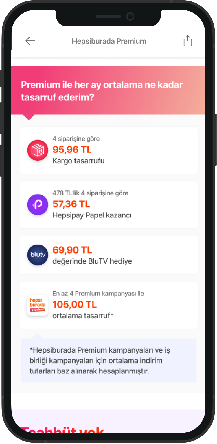 Mobile phone screen displaying a Turkish subscription and savings plan comparison. The screen shows options including a shipping savings plan, paper cashback, a BluTV gift, and a premium campaign savings, with prices in Turkish Lira.