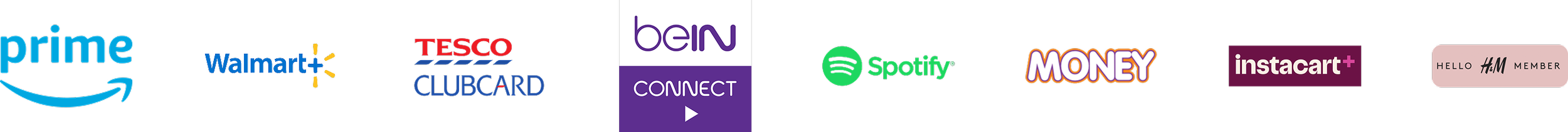 Logos of various brands and services, including Prime, Walmart, Tesco, Clubcard, BEIN Connect, Spotify, Money, Instacart, and H&M.