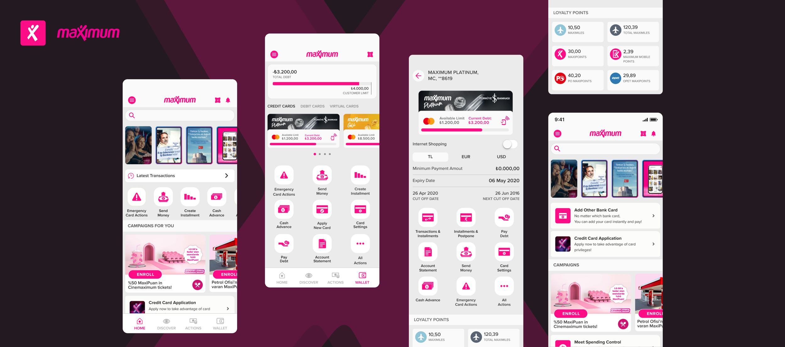Screenshots of a mobile banking app called Maximum, displaying account balances, transaction options, loyalty points, and promotional banners.
