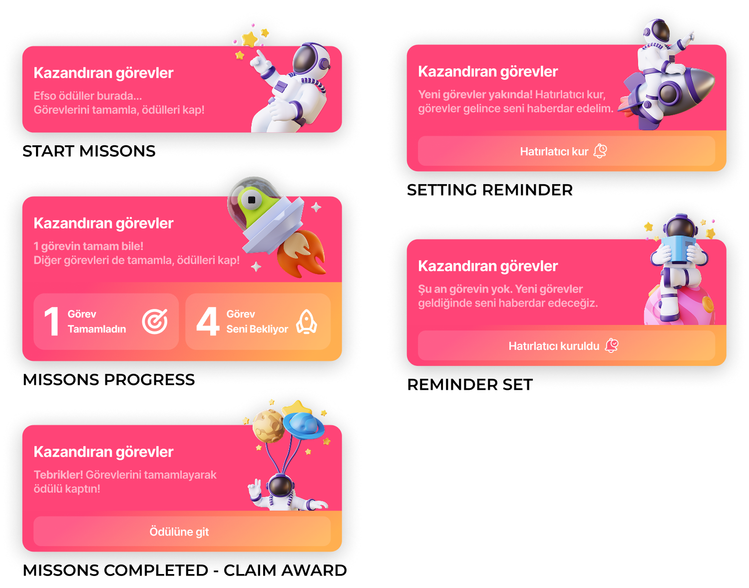 Collection of four colorful digital badges with cartoon astronauts and space-themed graphics, each representing different missions and rewards in a game or app, with Turkish text describing tasks completed and awards received.