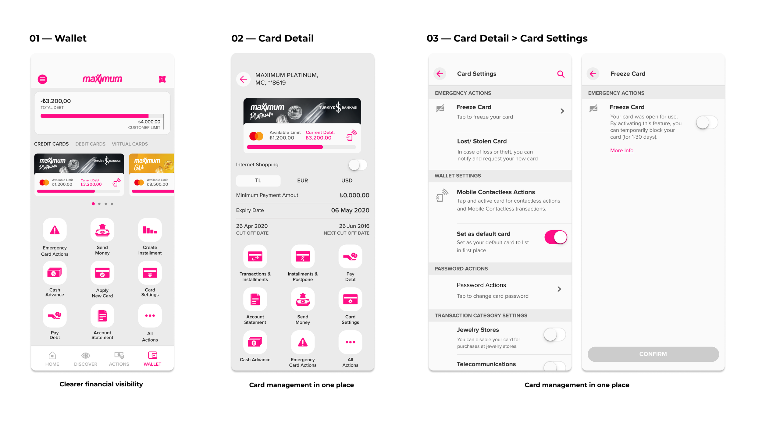 A digital banking app interface displaying a digital wallet with account balances, card details, and settings options. The interface features pink and white design elements with icons for various banking actions.