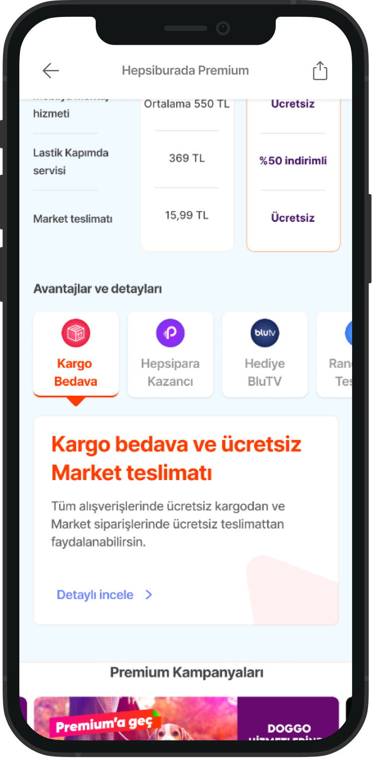 Screenshot of a mobile phone displaying a Turkish website offering free shipping and discounts on market deliveries, with benefits such as free cargo and market delivery, and promotional campaigns.