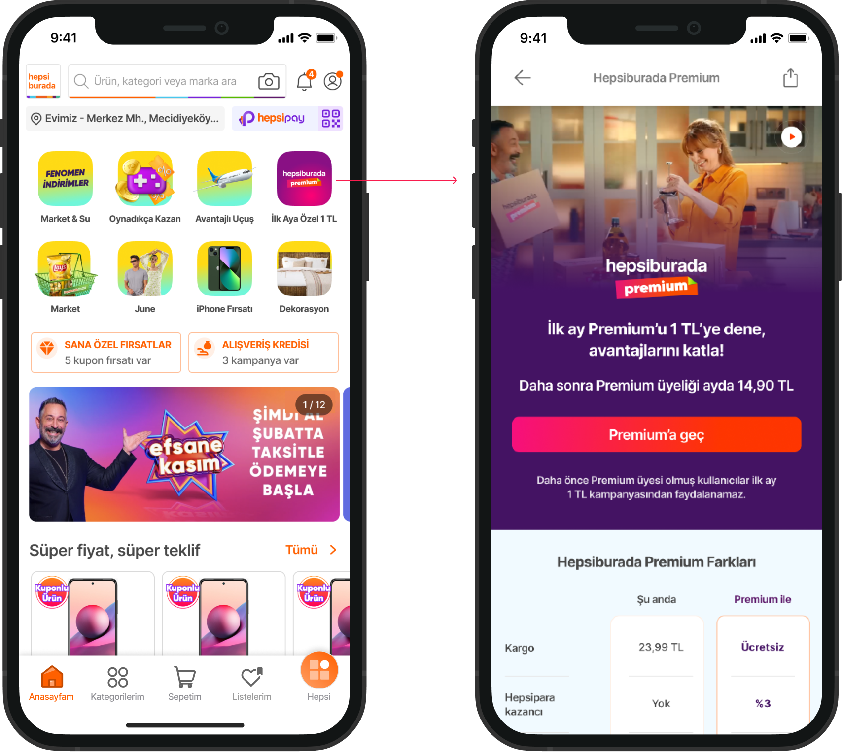 Mobile app interfaces showing the Hepsiburada shopping app. The left screen displays various product categories and promotional banners, with navigation icons at the bottom labeled Home, Categories, Cart, Favorites, and All. The right screen shows a promotional page for Hepsiburada Premium membership, with a woman holding a glass, smiling, and text explaining the benefits of the premium subscription.