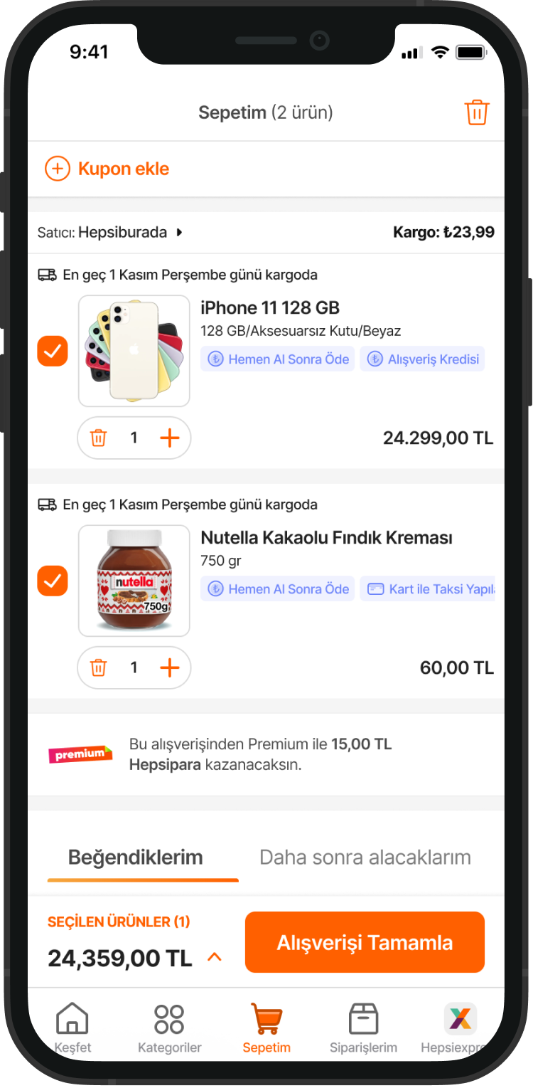 Screenshot of a shopping cart summary on a mobile app, showing an iPhone 11 128GB and a jar of Nutella hazelnut spread, with total price and checkout options.