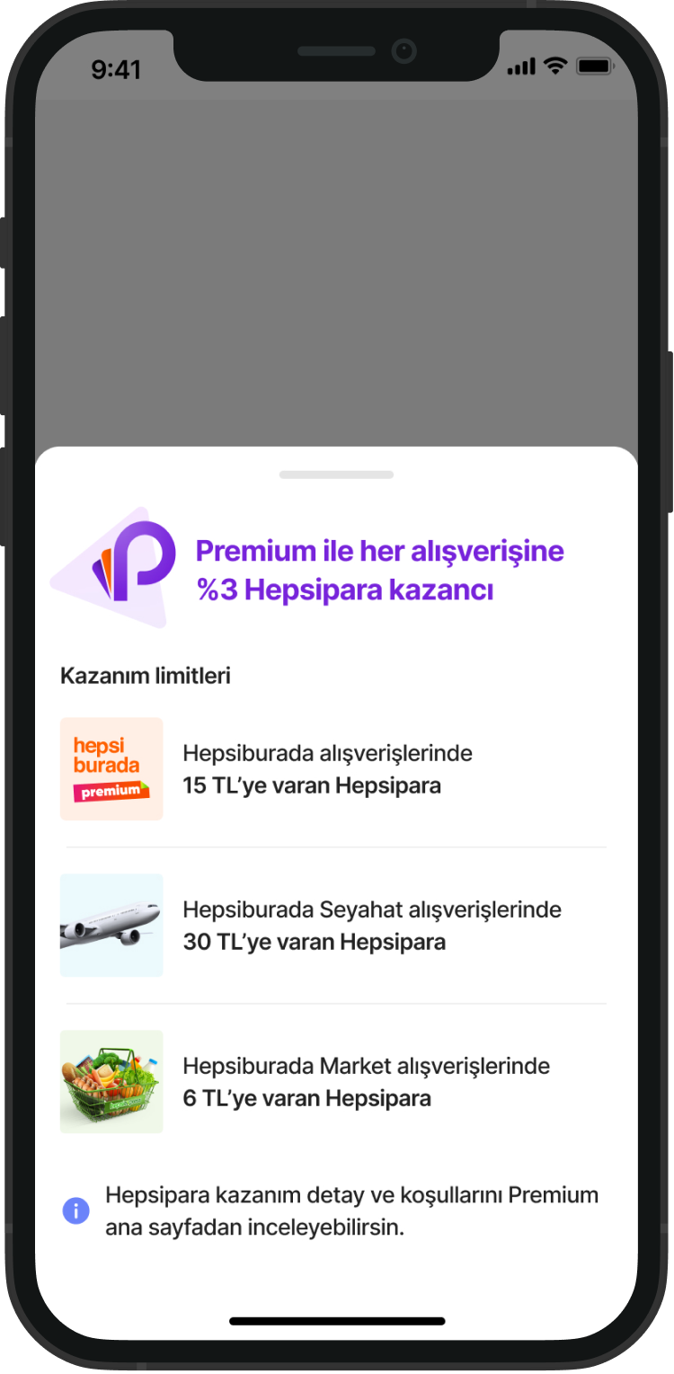 Smartphone screen displaying a promotional offer for a loyalty program with details on shopping, travel, and market rewards in Turkish, including logos of Hepsiburada and Hepsipara.