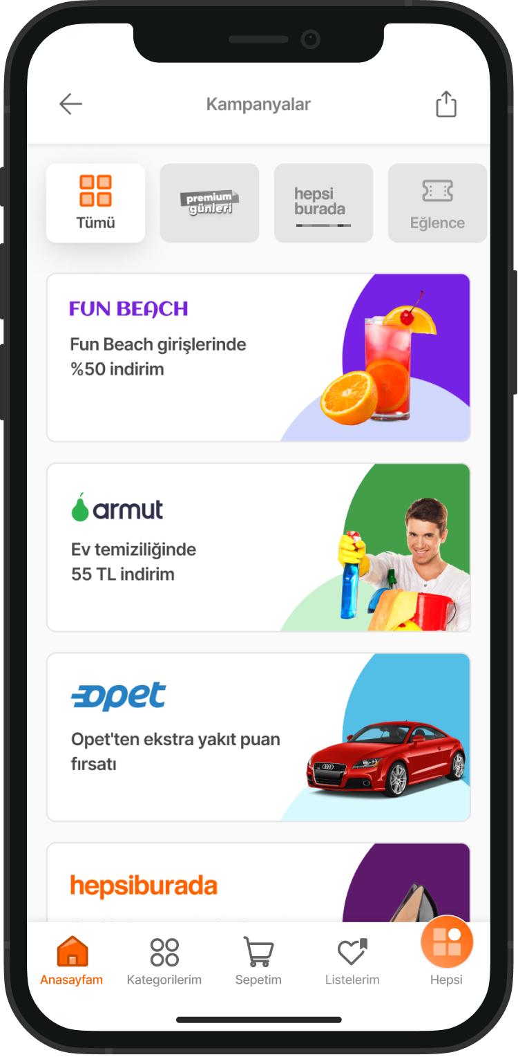 Mobile shopping app screen showing promotional campaigns with discounts on drinks, home cleaning, fuel points, and shopping deals.