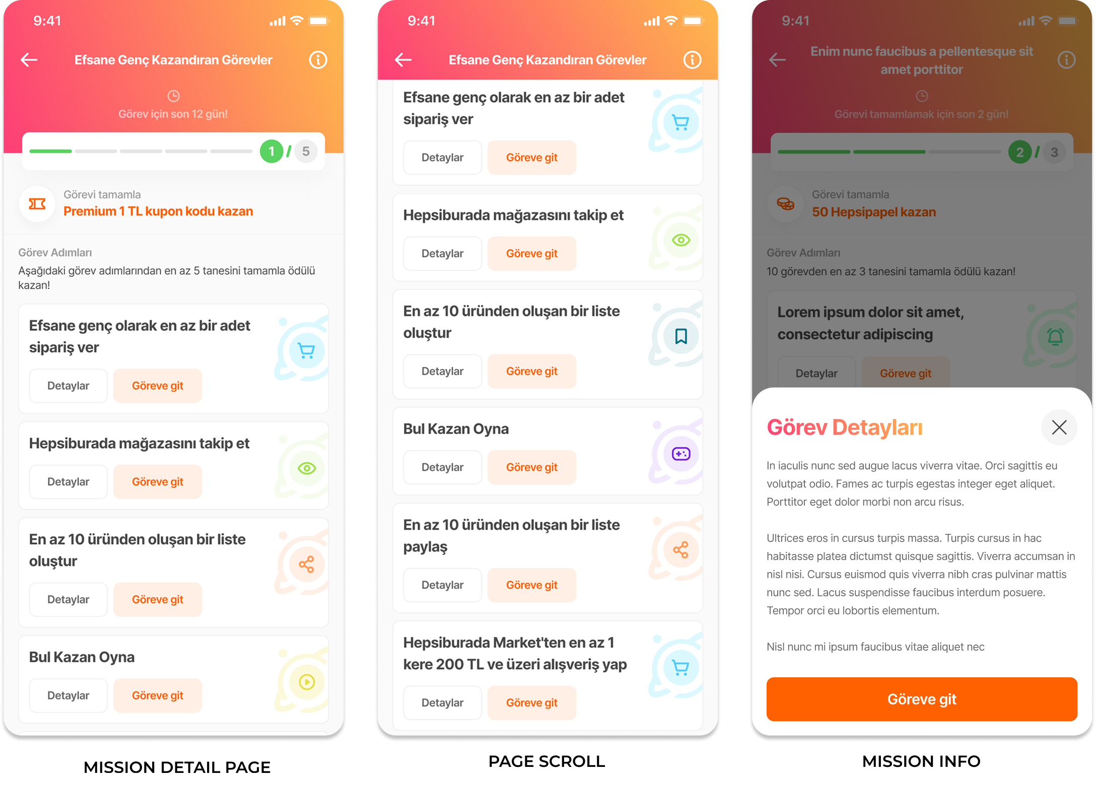 Mobile app screens showing a task or reward list with categories, progress bars, and buttons labeled 'Göreve git' and 'Detaylar'. The background is a gradient from pink to orange.