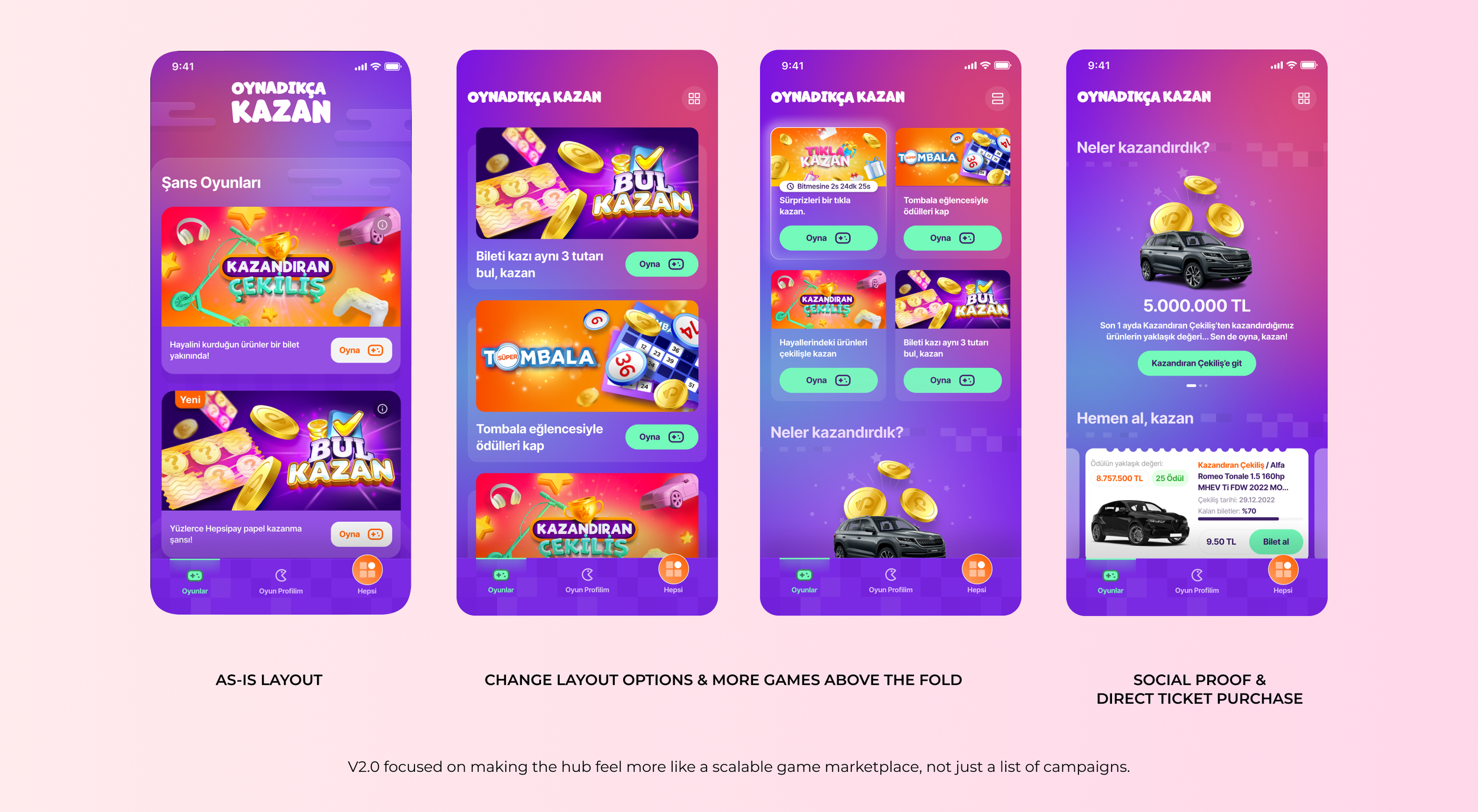 Screenshots of a mobile app interface in purple and pink tones, showing various games and features for earning rewards, including lottery, bingo, and promotional offers, with navigation bar icons at the bottom for games, profile, and more.