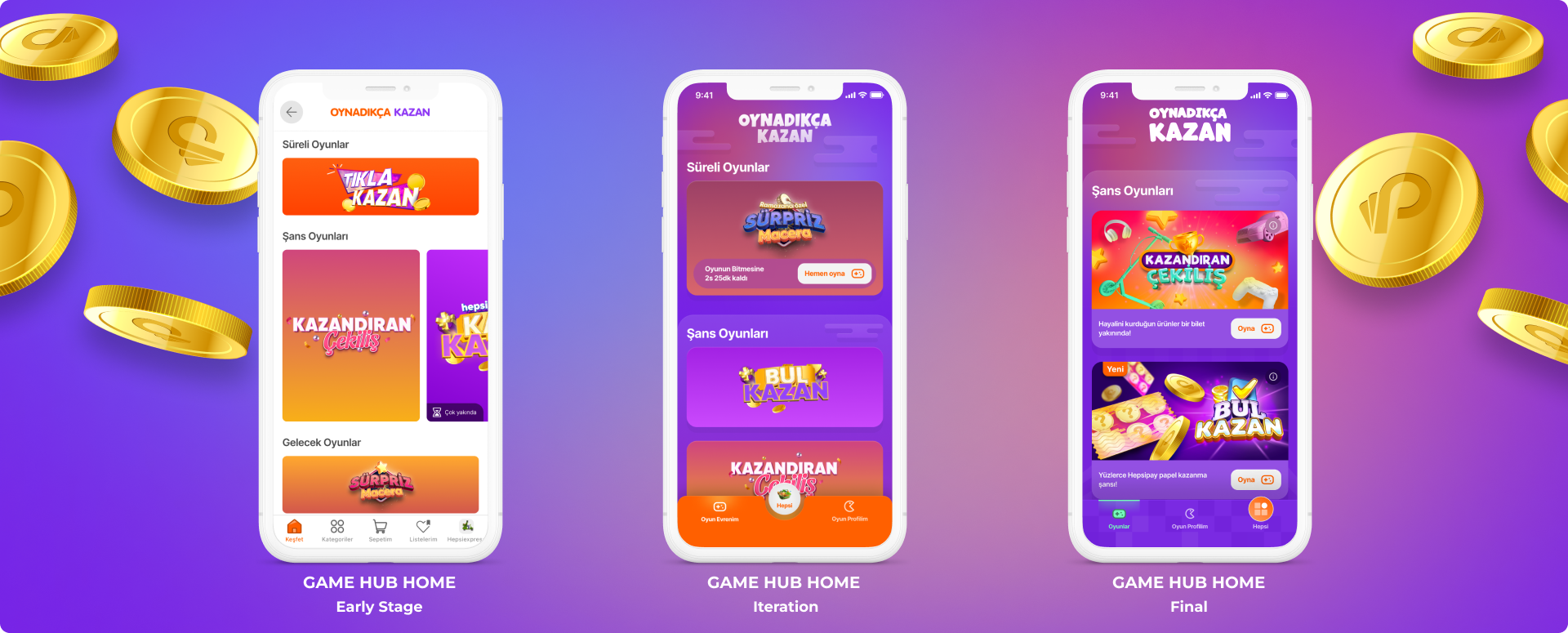 Three smartphone screens showing a game app with colorful graphics and text, surrounded by floating gold coins with a purple background.