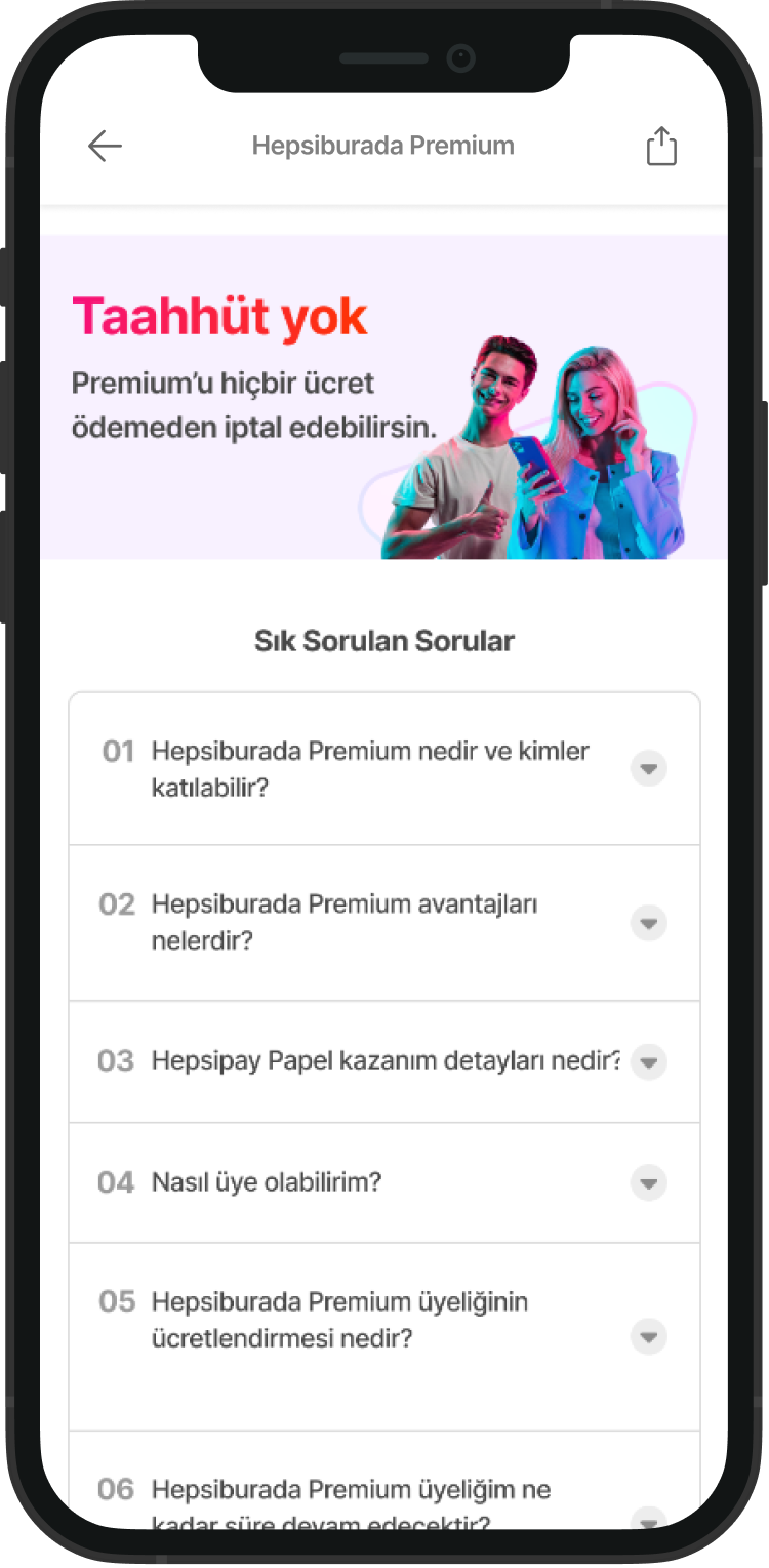 A mobile phone screen displaying a FAQ page for Hepsiburada Premium with a colorful image of a smiling man and woman looking at a smartphone.