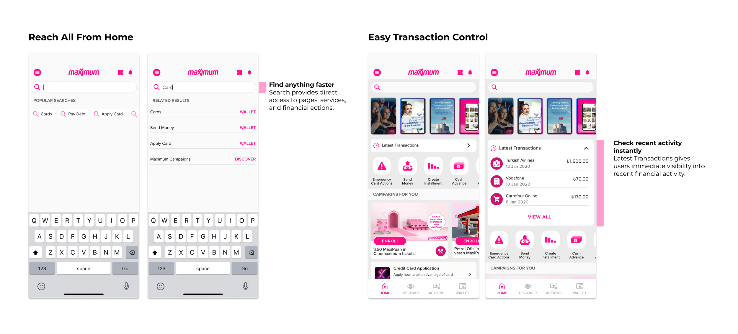 Screenshots of a mobile app for managing financial transactions, with sections for search, recent activity, and navigation tabs at the bottom, all in a pink and white color scheme.