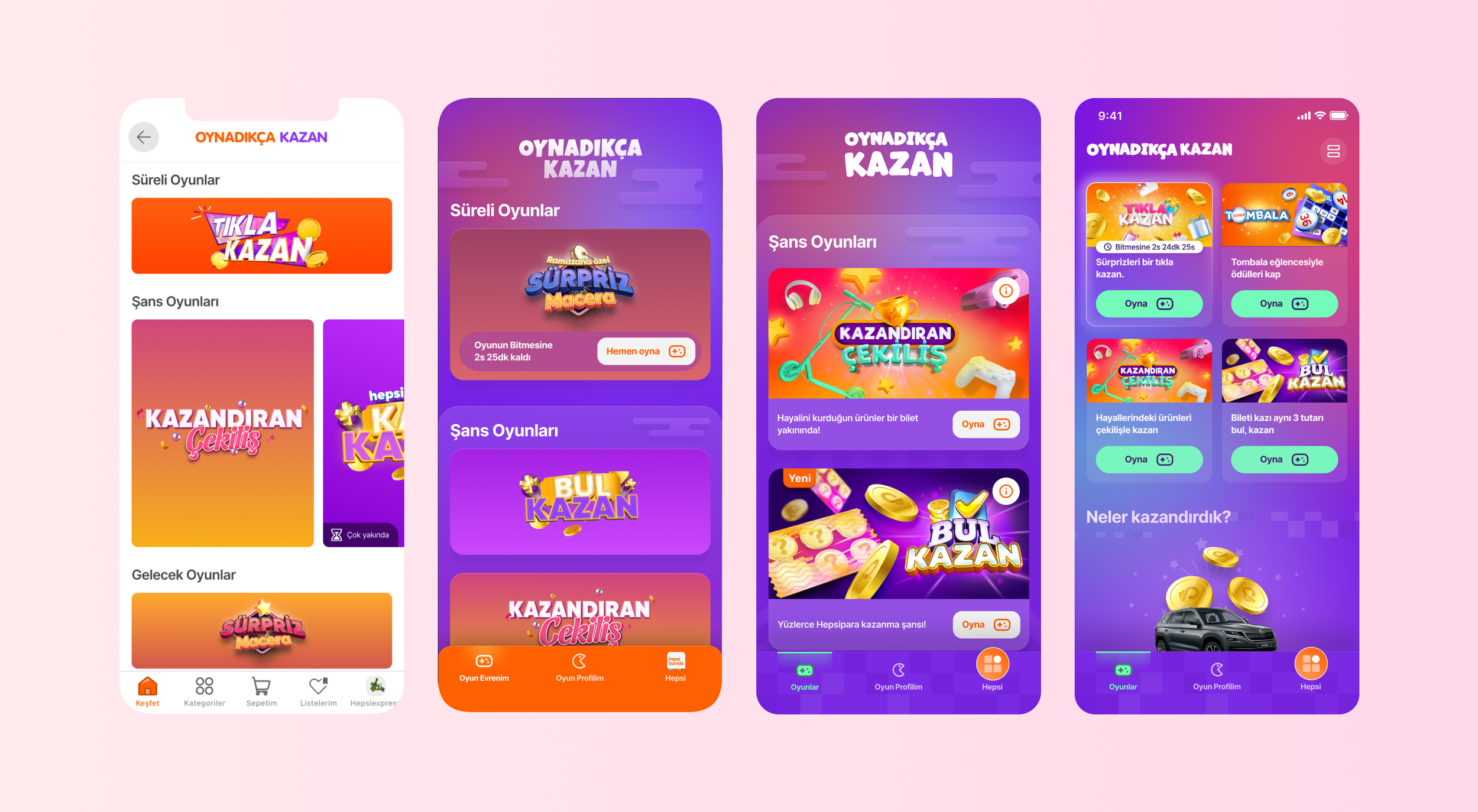 Screenshots of a mobile app interface in Turkish for a game-related platform with colorful banners, game icons, and buttons for playing and earning prizes.
