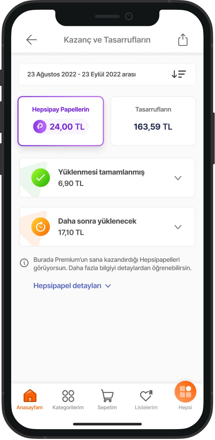 Mobile app screen displaying a financial summary for August 23 to September 23, 2022, showing expenses on recyclable paper and total savings, with icons for navigation at the bottom.