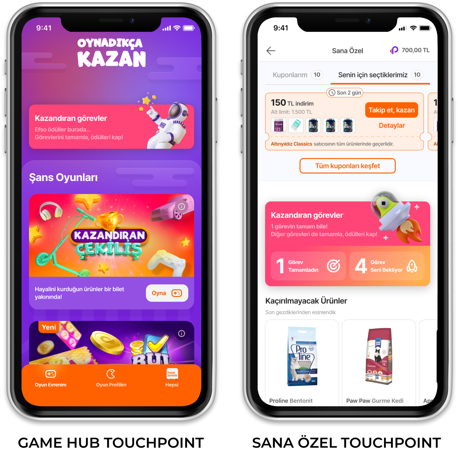 Two smartphones displaying a colorful gaming and shopping app interface in Turkish. The left screen shows a game menu with a space astronaut, coins, and various game icons, while the right screen shows a shopping cart with coupon options, pet food products, and a pink reward task section.