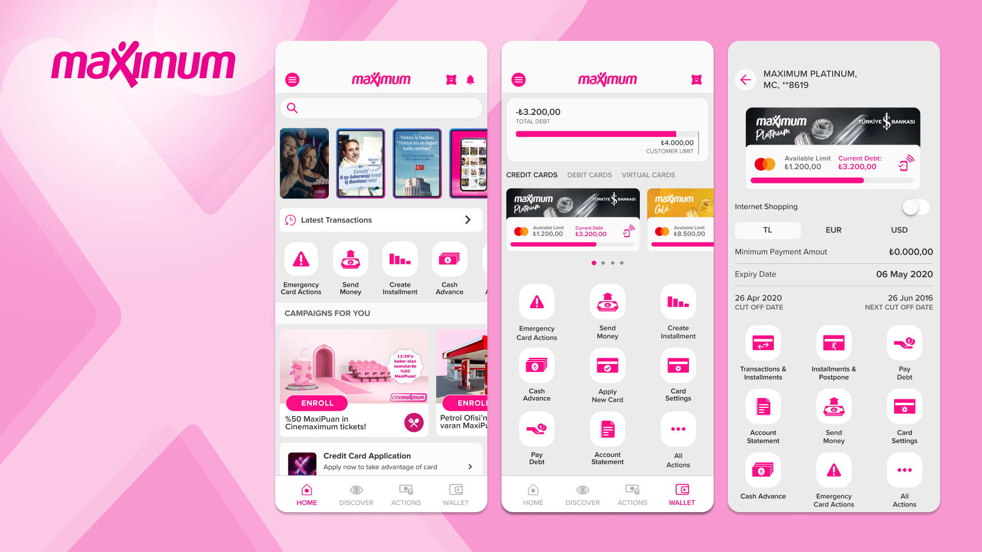 Screenshots of the Maximum mobile banking app showing account details, transactions, and card options on a pink background.