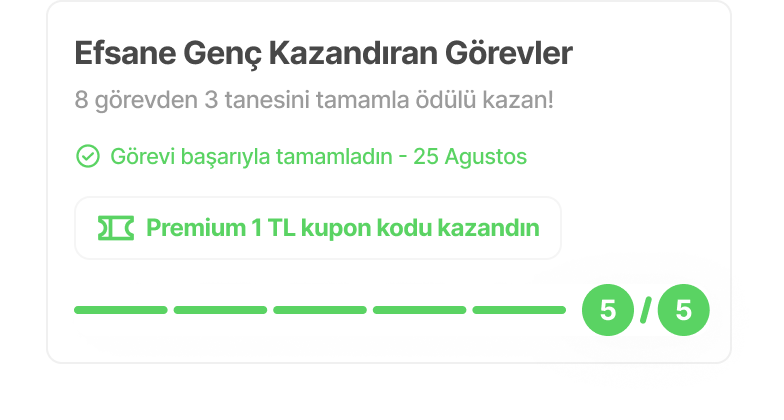 Screenshot of a webpage showing a task completion message in Turkish, indicating a user earned a reward after finishing tasks, with green and white color scheme, a progress bar, and congratulatory text.