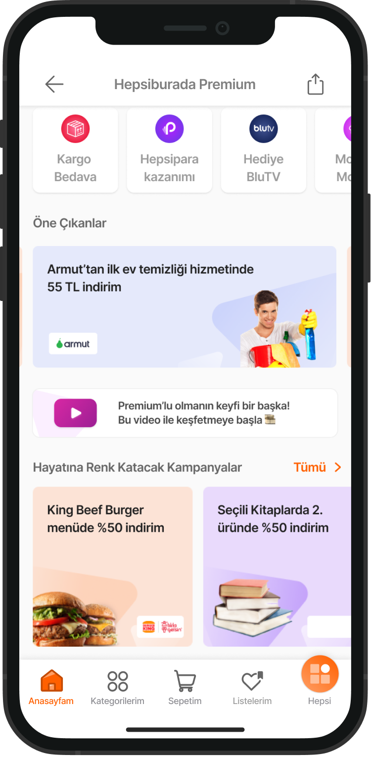 Screenshot of a mobile app interface featuring grocery and discount offers in Turkish, including items like household cleaning and food.