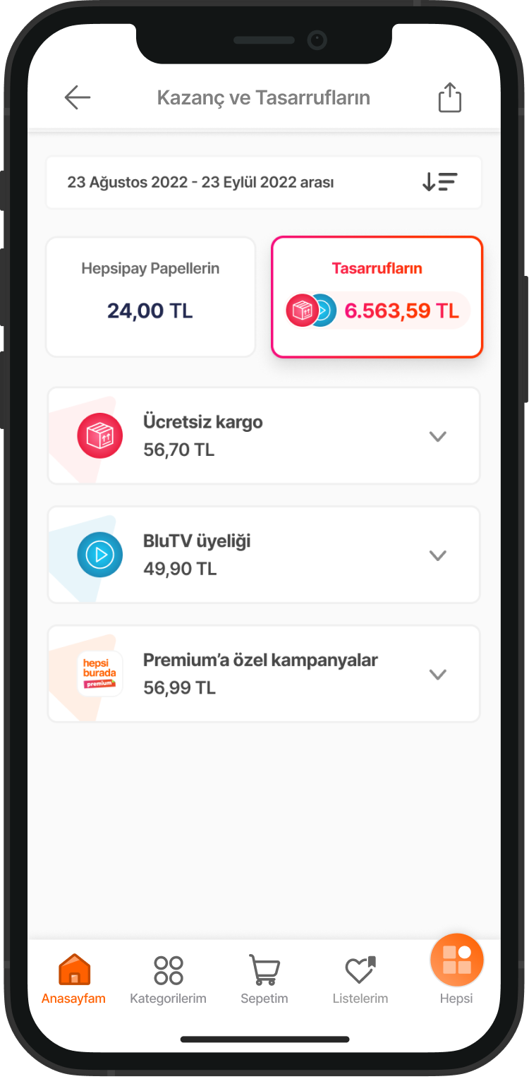 Mobile app screen showing savings and expenses between August 23 and September 23, 2022, with categories for paper, shipping, TV membership, and promotional campaigns in Turkish lira.