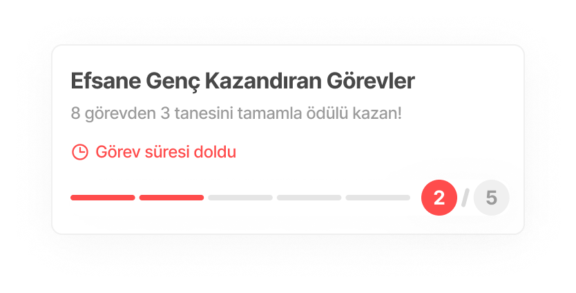 Screenshot of a task progress update in Turkish, titled 'Efsane Genç Kazandıran Görevler,' indicating 3 out of 8 missions are complete, with a task timer showing the task has expired, and a progress bar showing 2 out of 5 steps completed.