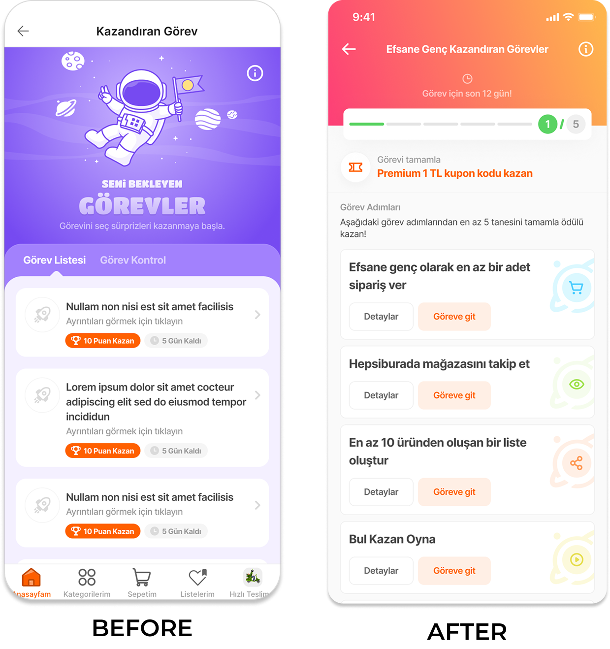 Screenshots of a mobile app in Turkish language showing tasks or missions, with a space-themed illustration of an astronaut floating in space on the left screen, and list of tasks with progress bars and buttons on the right screen.