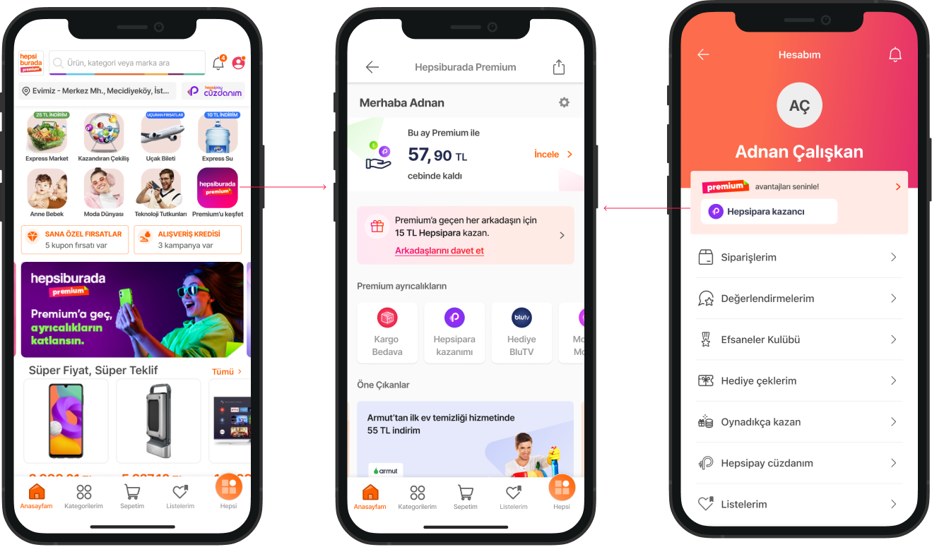Three smartphones displaying the Hepsiburada shopping app interface, showing various product listings, user account, and rewards section.