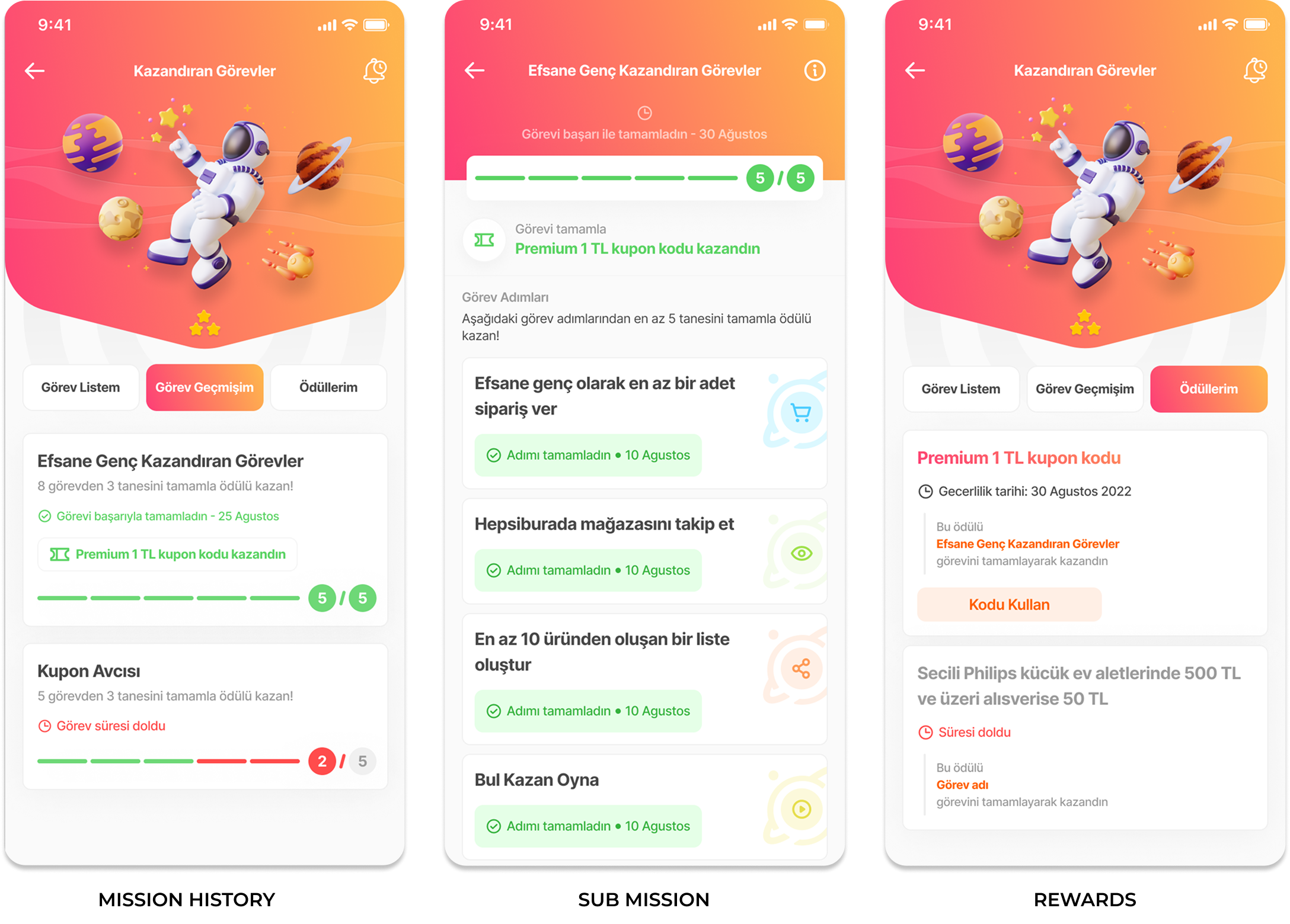 Screenshots of a mobile app in Turkish language with colorful space-themed graphics, displaying tasks, progress bars, and reward notifications.