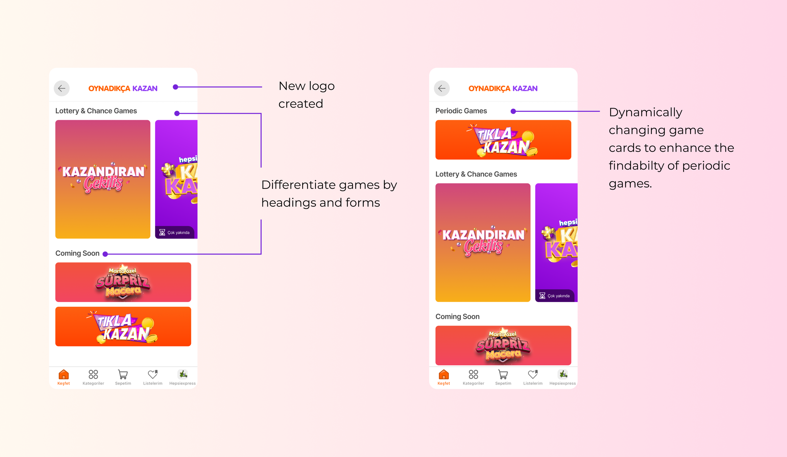 Mobile app screen with a new logo 'OYNADIKÇA KAZAN' in orange and purple, showing a list of lottery and chance games. The left side displays static graphics, including a 'KAZANDIRAN Çekiliş' banner, while the right side features a dynamic game card 'TIKLA KAZAN' with a changing background, and a 'Coming Soon' section below. The bottom navigation bar includes icons for 'Keşfet,' 'Kategoriler,' 'Sepetim,' 'Listelerim,' and 'Hepsiexpress.'