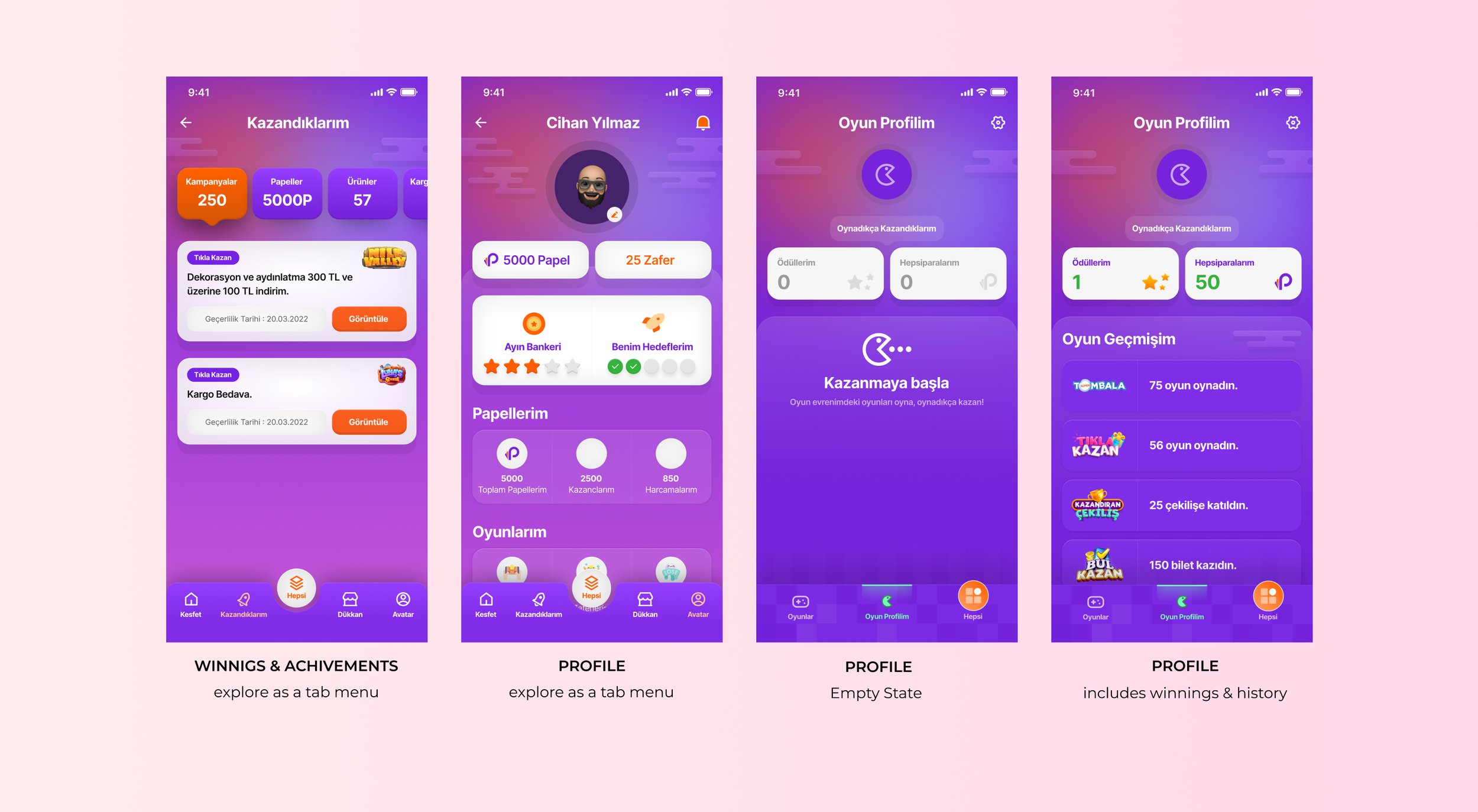 Screenshots of a mobile app interface in purple shades, showing sections for achievements, profile, and game history, with icons, buttons, and text in Turkish.