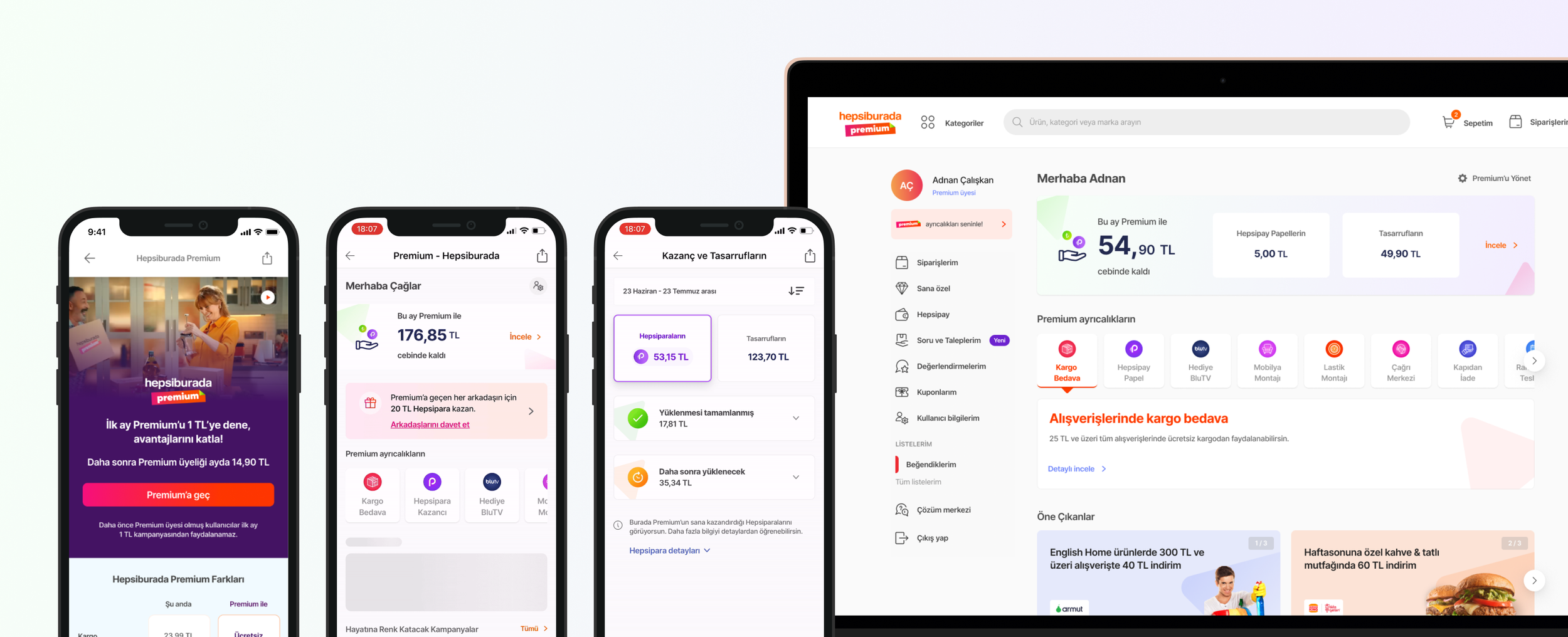 Screenshots of the Hepsiburada mobile app on three different devices showing premium membership details, balance, discounts, and product offers in the Turkish language.