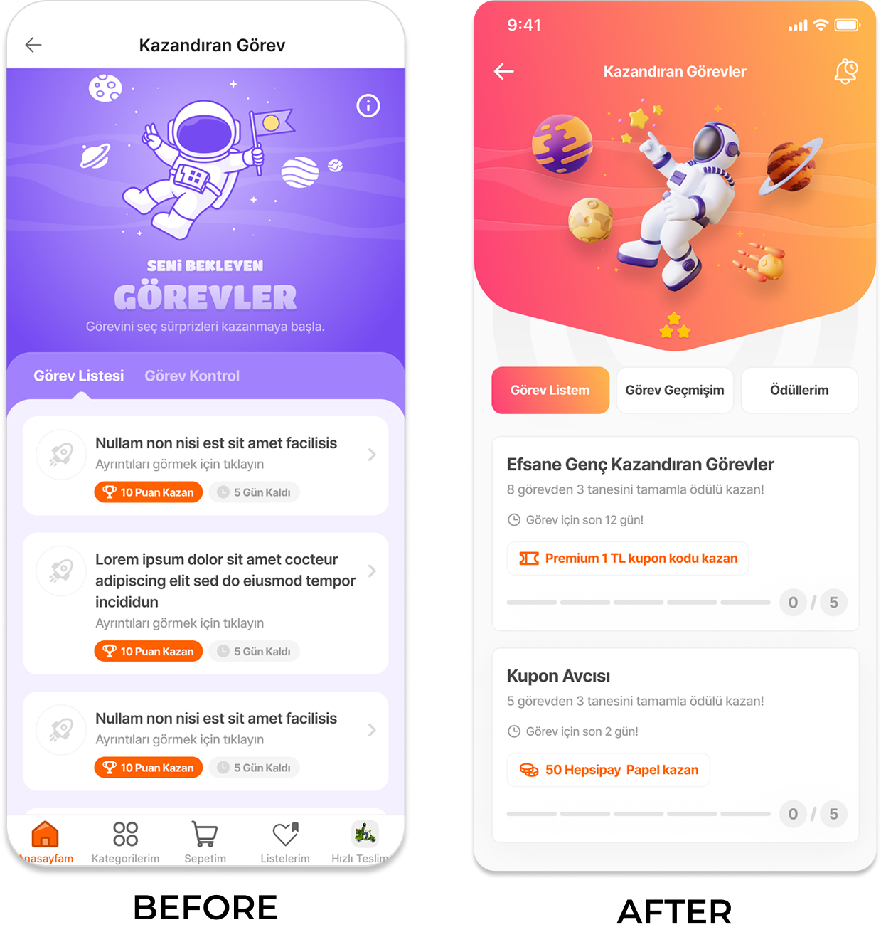 Screenshots of a mobile app interface for space-themed missions and tasks, featuring astronaut illustrations and planets.