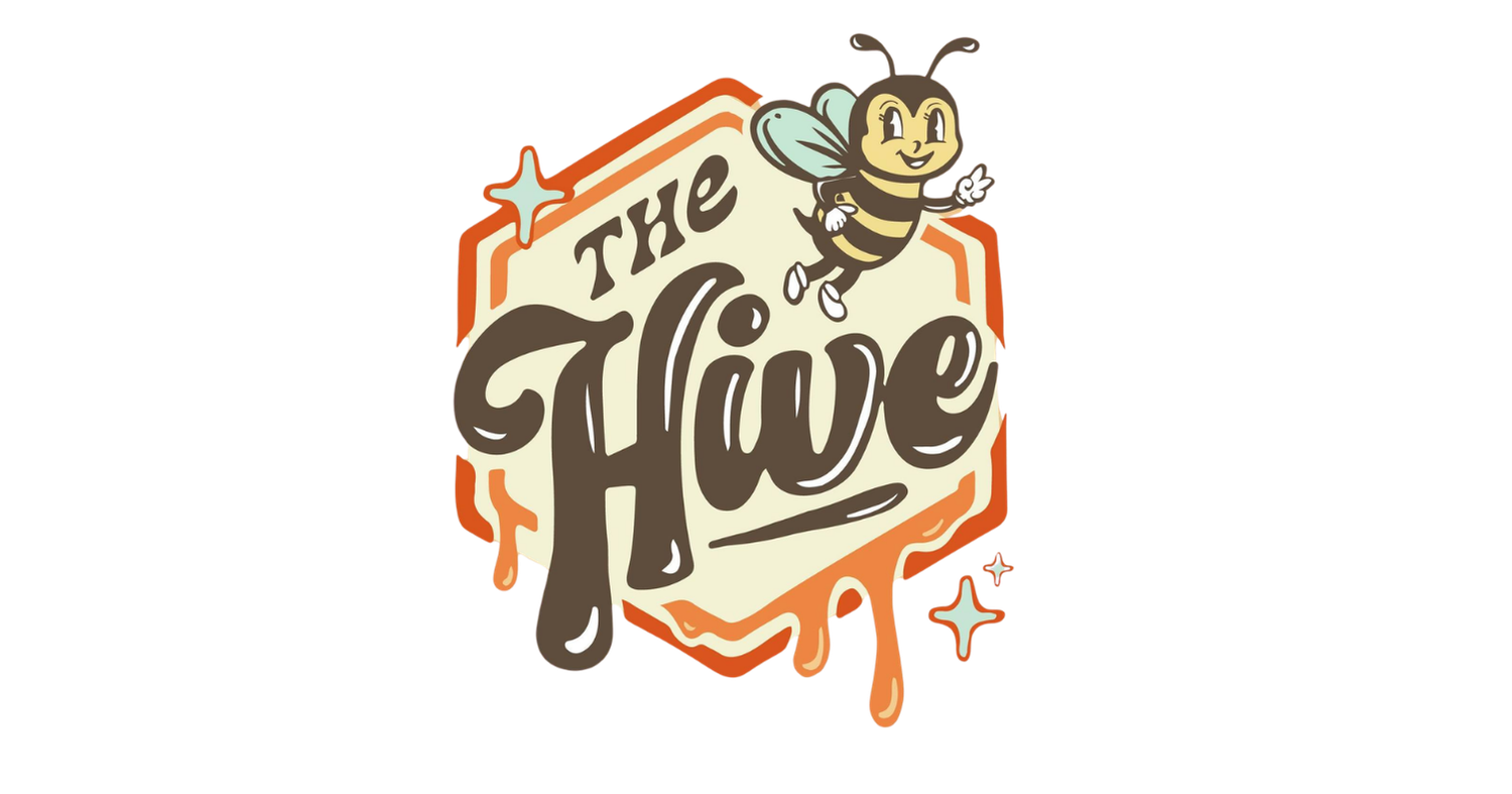 Colorful logo for The Hive featuring a cartoon bee flying above with the words 'The Hive' in stylized font, surrounded by star and drip accents.