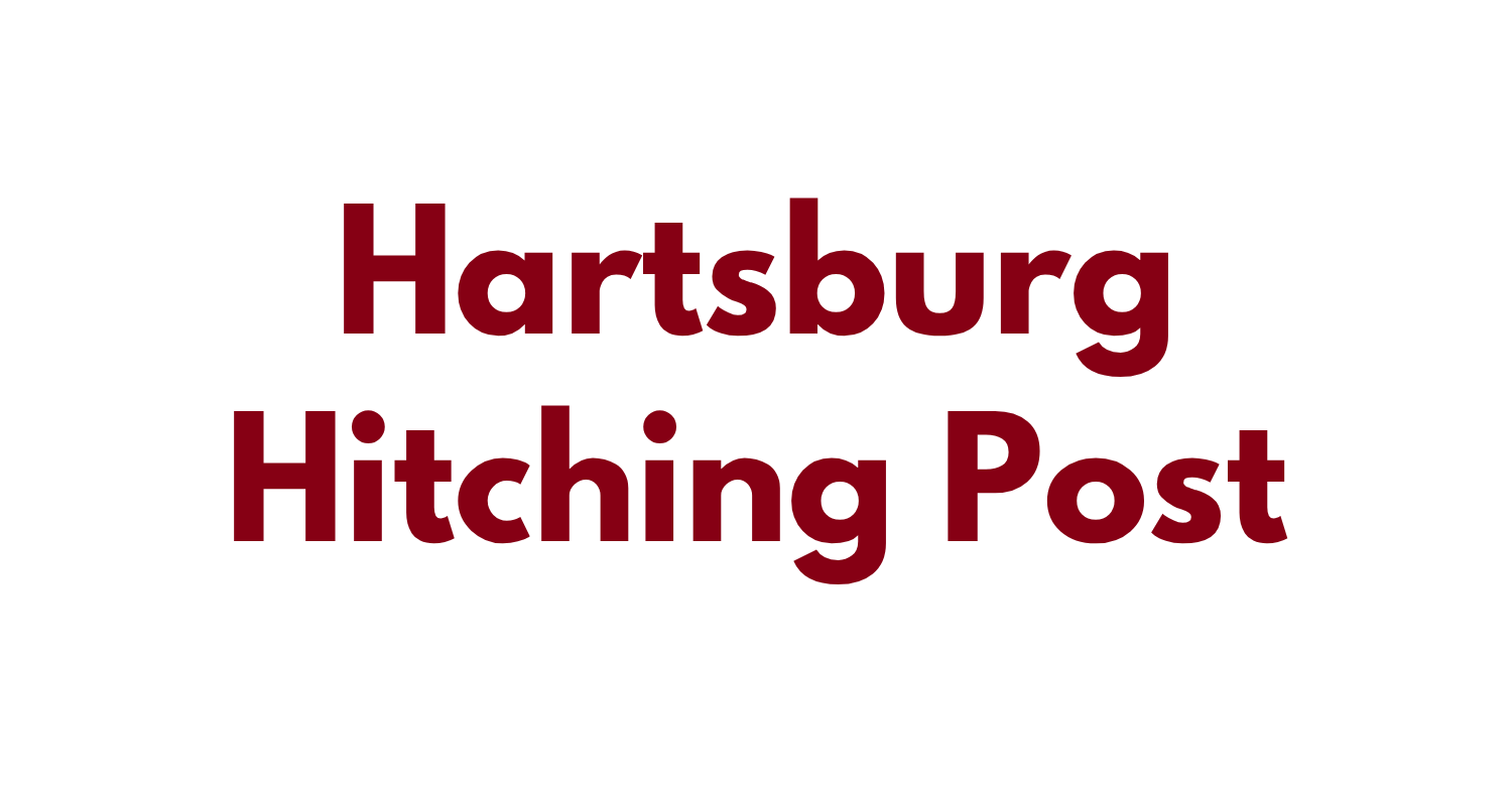 Text overlay on image reads "Hartsburg Hitching Post" in bold maroon letters against a black background.