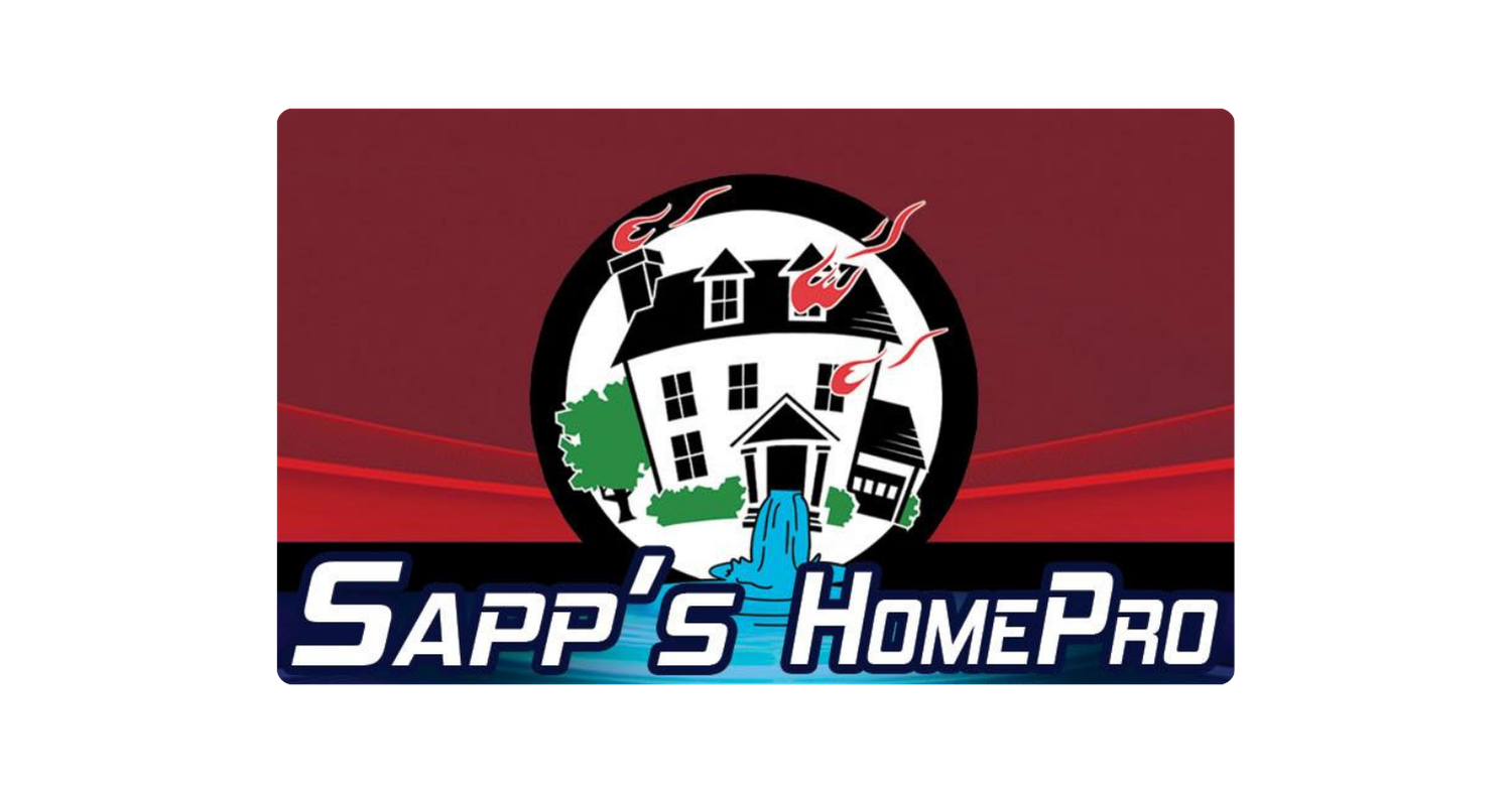 Logo for Sapp's Home Pro featuring a house with a waterfall and three fire flames above it, surrounded by a black circle, with the company name in bold, blue and white letters at the bottom.