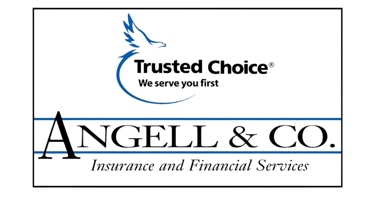 Logo for Angel & Co. Insurance and Financial Services featuring a blue stylized angel bird and the text 'Trusted Choice', 'We serve you first', and the company name.