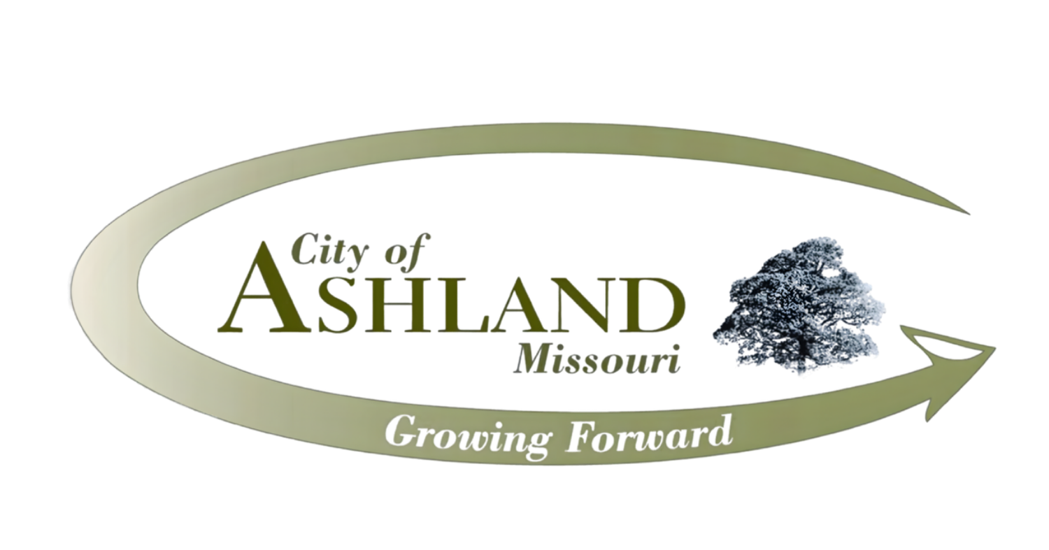 Logo for the city of Ashland, Missouri, featuring a gray arrow encircling the text and a snow-covered tree, with the motto 'Growing Forward' at the bottom.