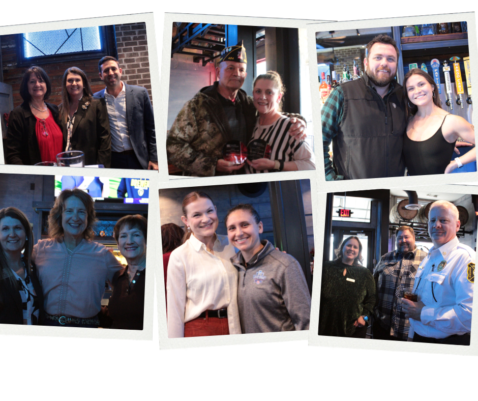 Collage of six photos featuring groups of people at social and celebratory events indoors.