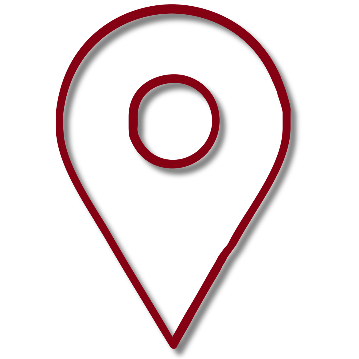 Red map pin icon on black background.