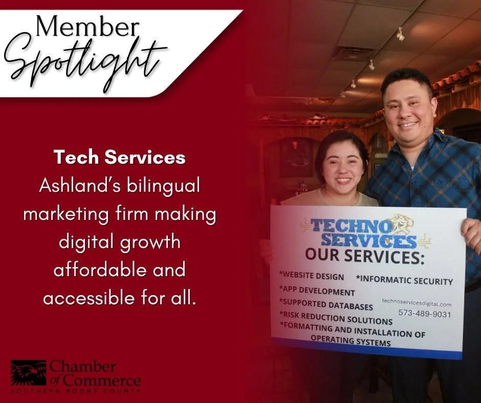 A woman and a man holding a sign promoting Tech Services, a bilingual marketing firm in Ashland, with a red background and a photo of the business on the right.