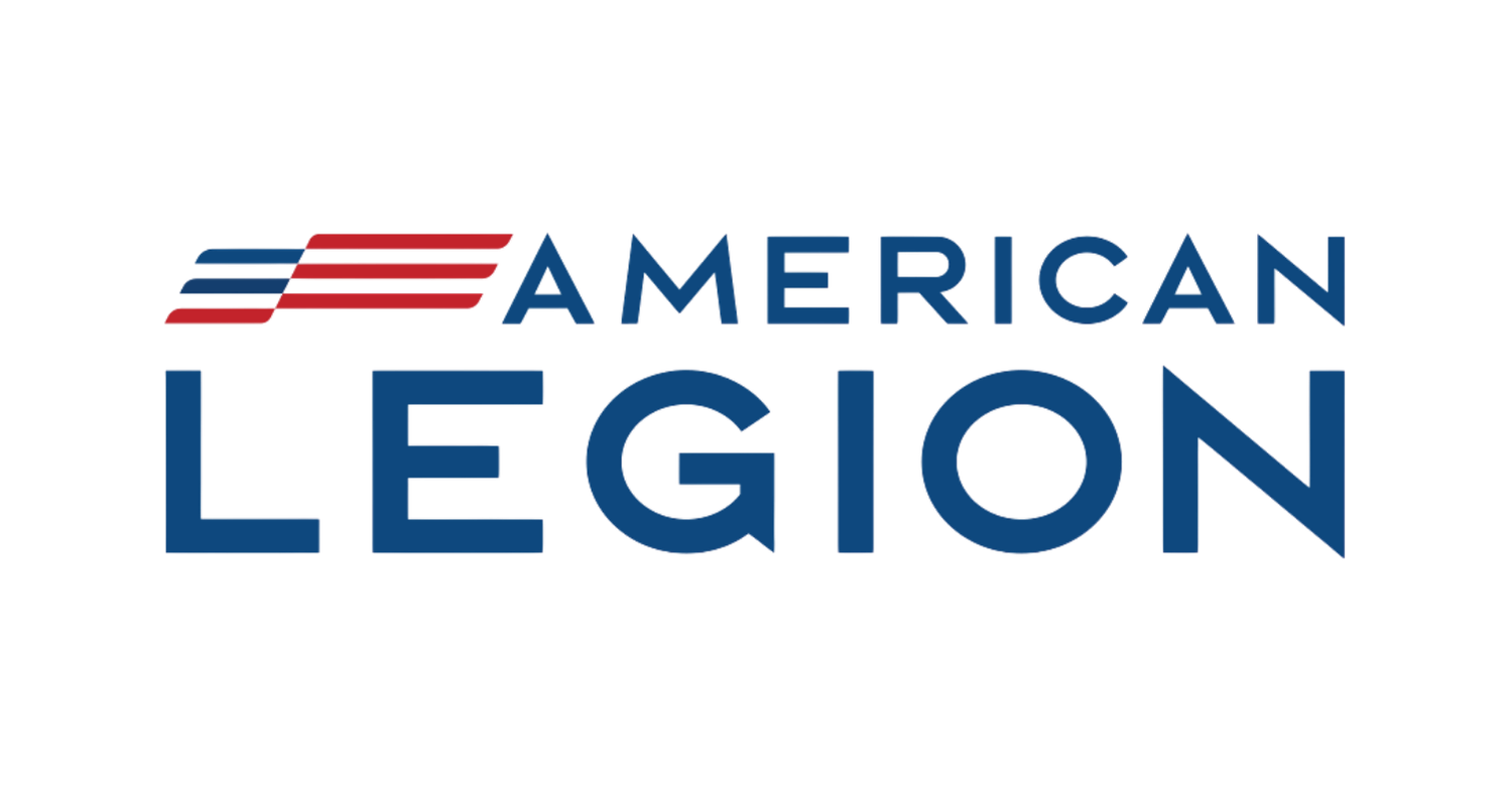 Logo of American Legion with stylized American flag and text in blue and red colors.