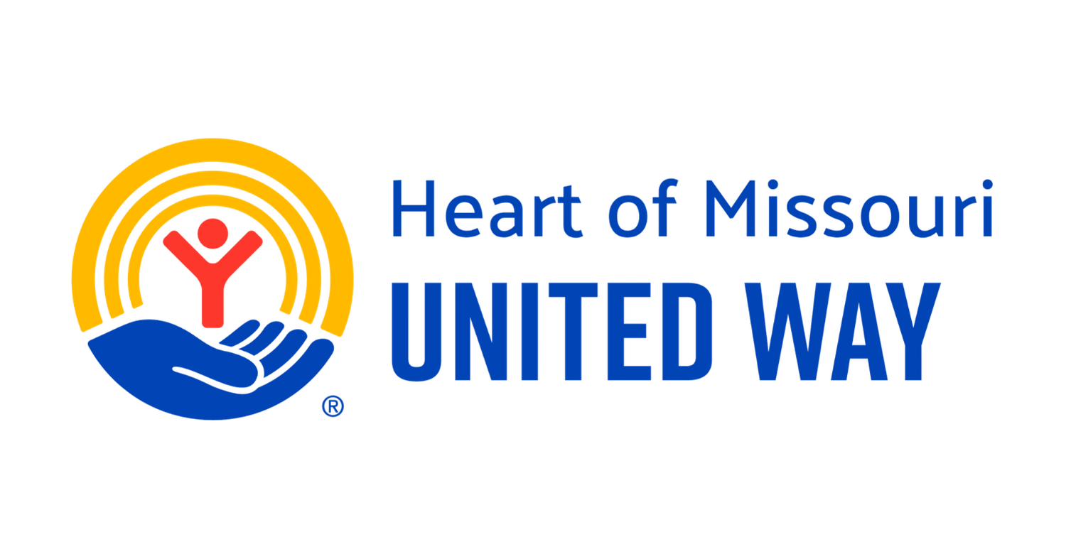 Logo of Heart of Missouri United Way featuring a hand supporting a person with arms raised inside concentric yellow circles, next to the text 'Heart of Missouri UNITED WAY' in blue.