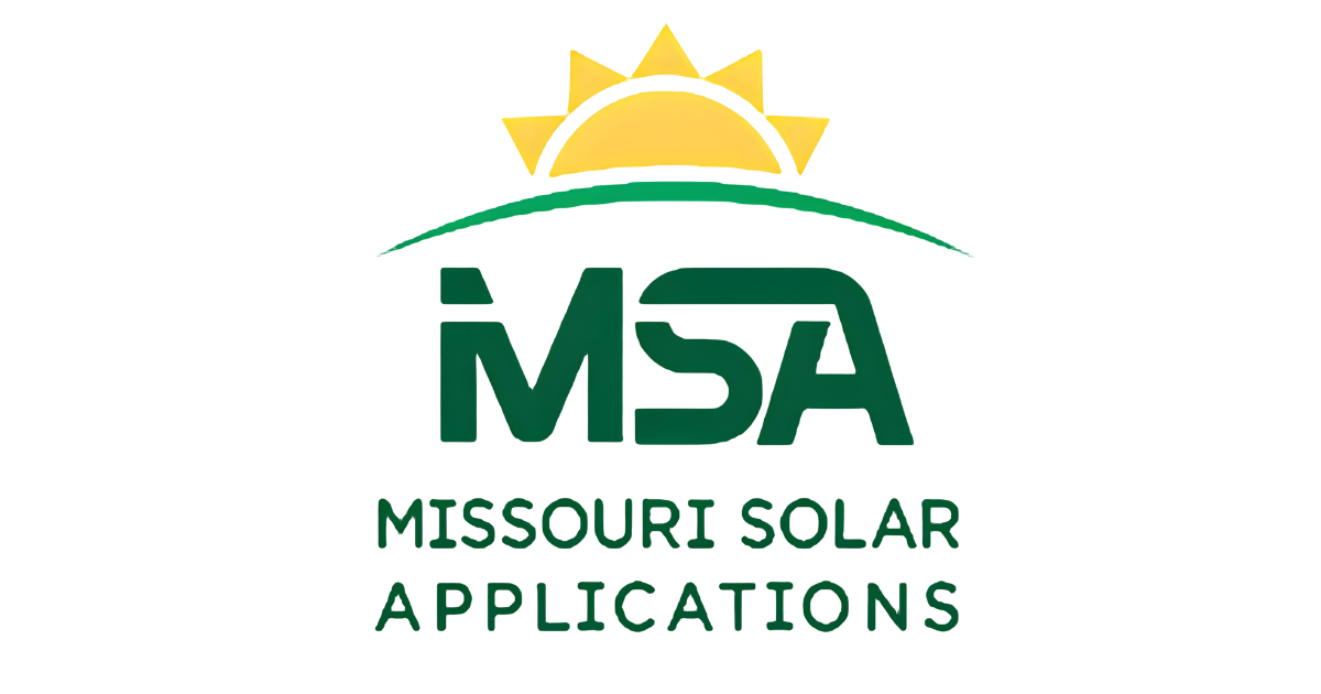 Logo for Missouri Solar Applications, featuring a stylized sun rising over a green line of the ground and the acronym MSA above the full name Missouri Solar Applications.