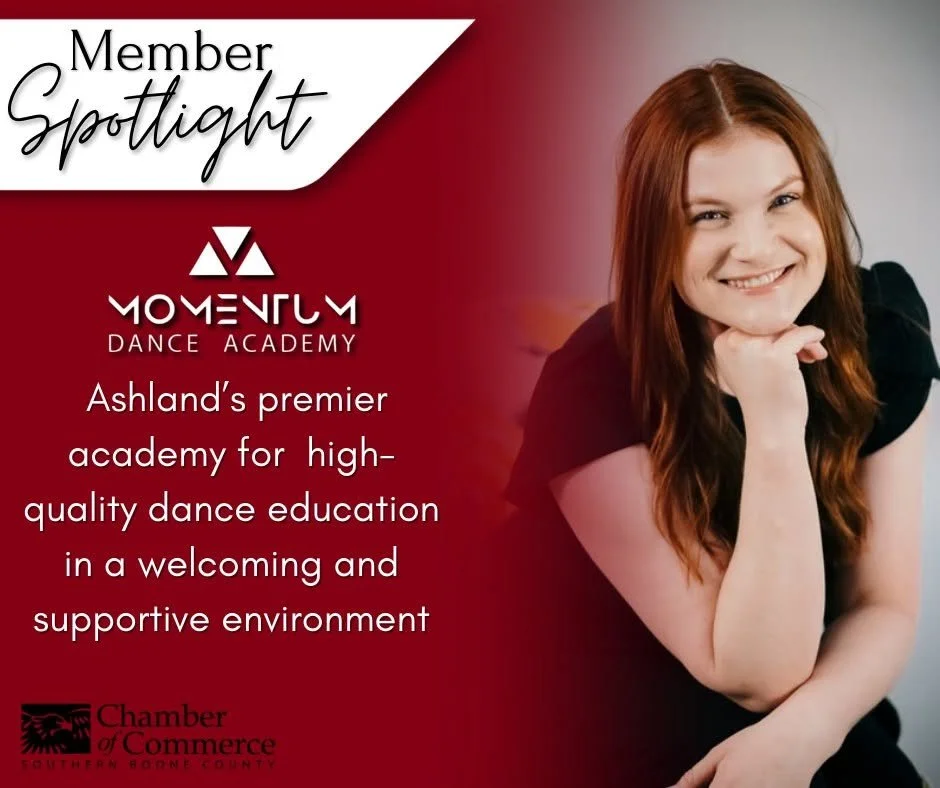 Promotional flyer for Momentum Dance Academy featuring a smiling woman with red hair and text about the academy's offerings, with the Chamber of Commerce logo.
