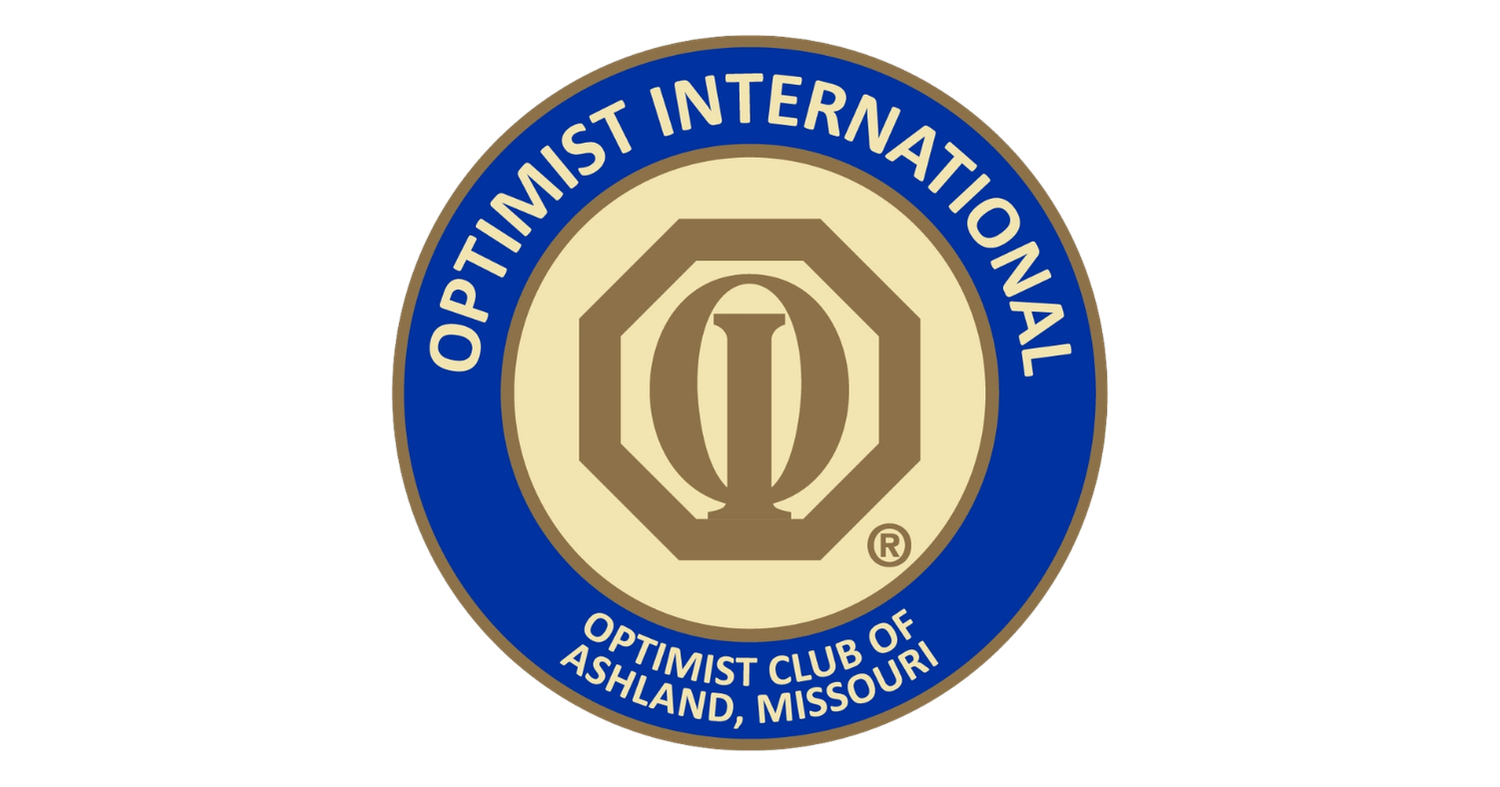 Logo of the Optimist International Club of Ashland, Missouri, featuring a stylized letter 'O' inside a hexagon, with a blue ring around it containing the text 'Optimist International' at the top and 'Optimist Club of Ashland, Missouri' at the bottom.
